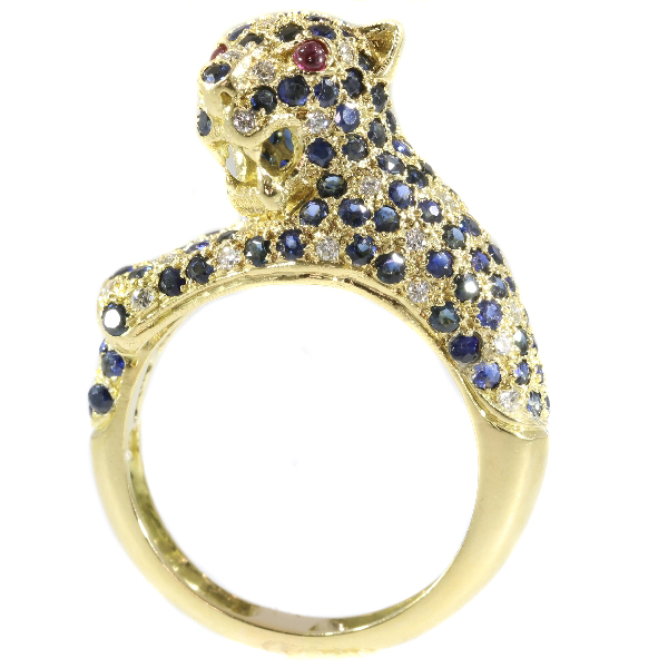 Cartier inspired panther ring with diamonds and sapphires